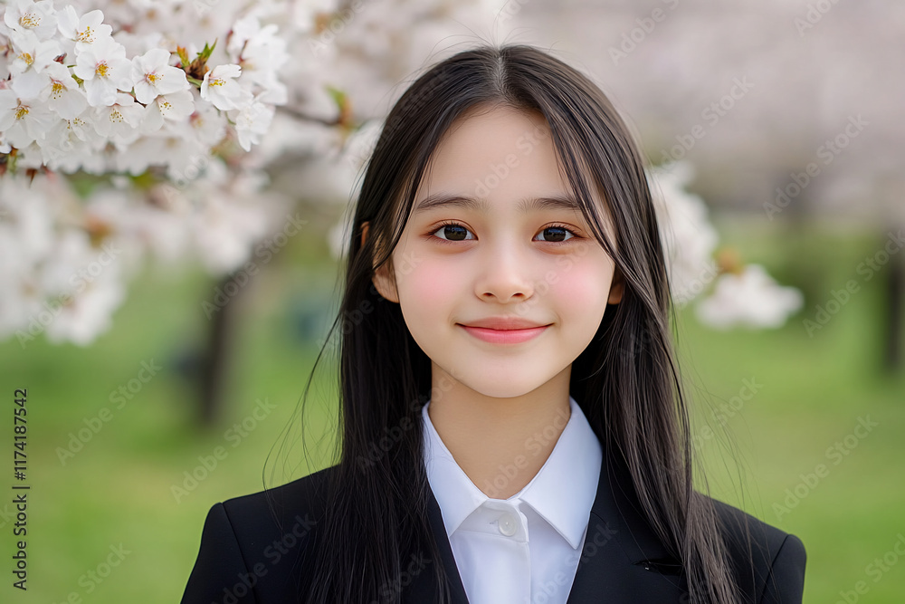 A young girl smiling in a formal outfit amidst blooming cherry blossoms. A young girl smiling in a formal outfit amidst blooming cherry blossoms.