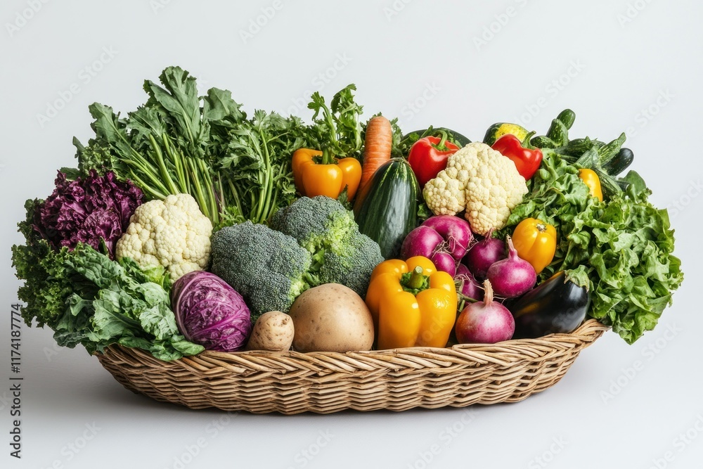 A wicker basket overflowing with a variety of fresh vegetables. A wicker basket overflowing with a variety of fresh vegetables.