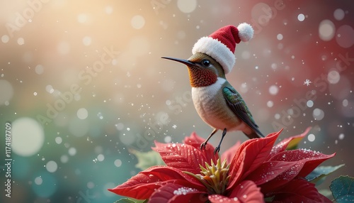 Hummingbird in Santa Hat on Poinsettia, Christmas Bird, Winter Holiday, Festive Season, Cute Wildlife, Nature Photography, Adorable Animal, Holiday Greeting Card, Merry Christmas, Snowing photo