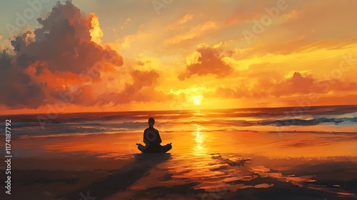 A peaceful scene of a person meditating on a beach at sunset, contemplating the balance between life goals and inner peace photo