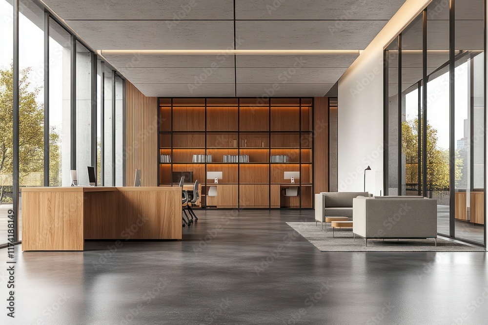 Naklejka premium Modern Open Office Space with Concrete Desks and Wooden Cabinets Featuring Large Glass Windows and Minimalist Design