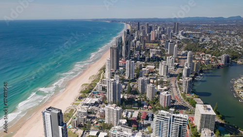 a sunny autumn view to the south of main beach of surfer paradise from Q1 building in queensland, australia photo