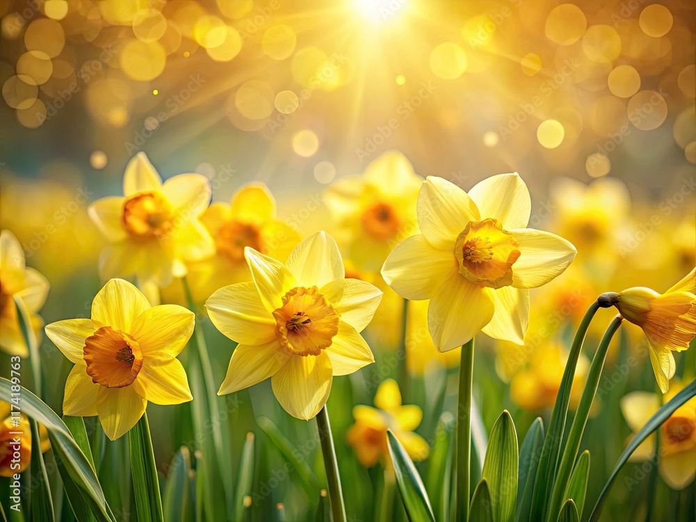 Fototapeta premium Spring's golden embrace: a bokeh-drenched daffodil field, nature's beauty in soft, yellow focus.