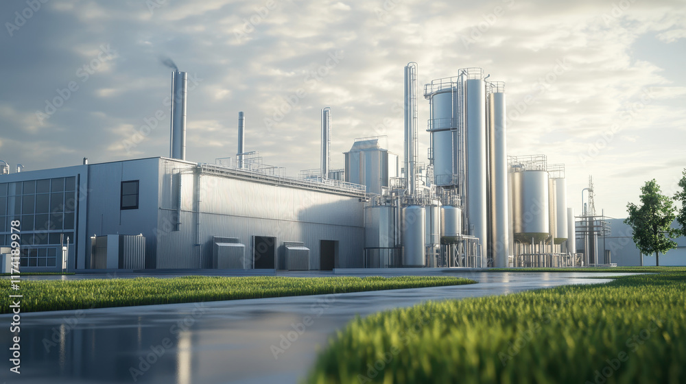 Modern milk processing plant exterior, a 3D rendering of an industrial facility with large tanks and white walls Modern milk processing plant exterior, a 3D rendering of an industrial facility with large tanks and white walls