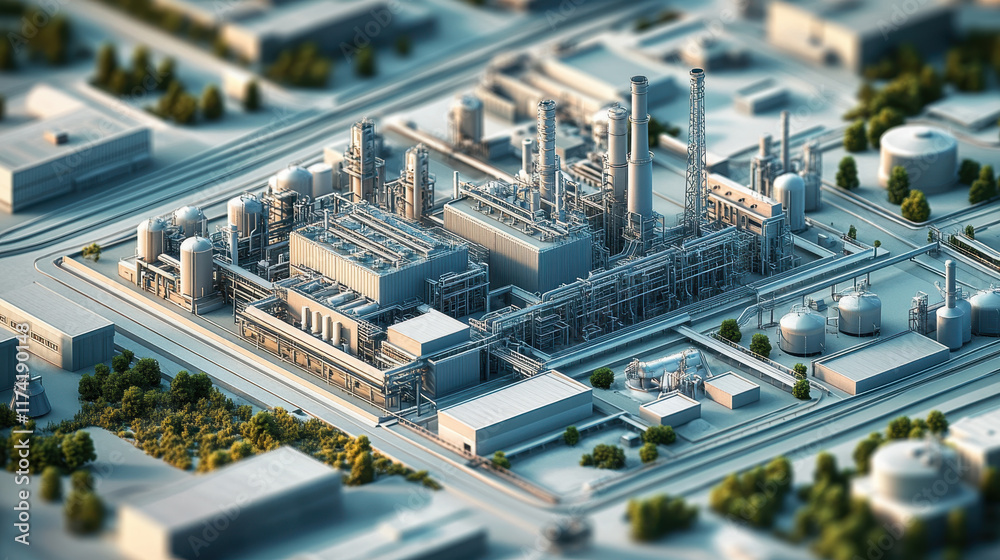 3D isometric view of an industrial area with large chemical plant buildings and other industrial buildings, surrounded by roads and trees 3D isometric view of an industrial area with large chemical plant buildings and other industrial buildings, surrounded by roads and trees