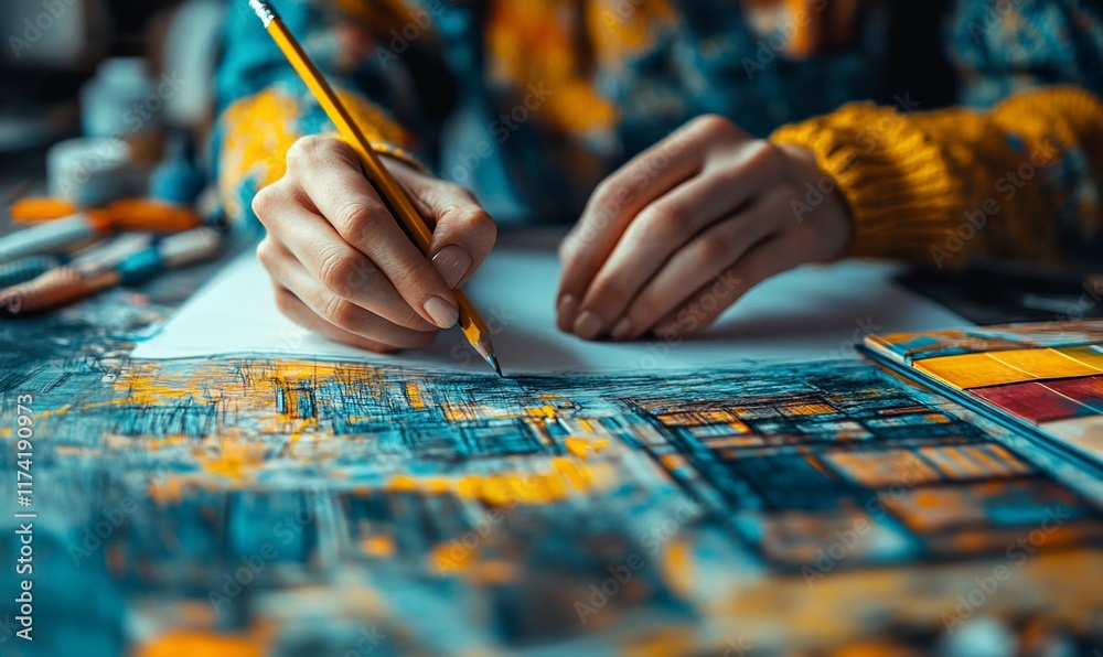 Close-up of hands sketching on paper, vibrant colors nearby. Close-up of hands sketching on paper, vibrant colors nearby.