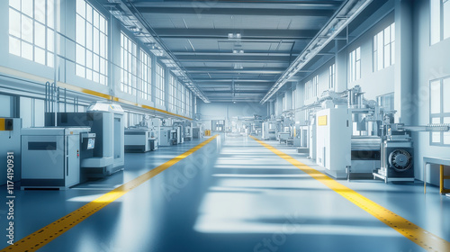 Wallpaper Mural A large modern factory hall with machines and tools for the production of electronic products. The color scheme is predominantly white Torontodigital.ca