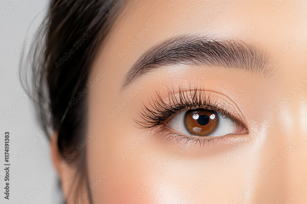 Close-up of an eye showcasing makeup and eyelashes. Close-up of an eye showcasing makeup and eyelashes.