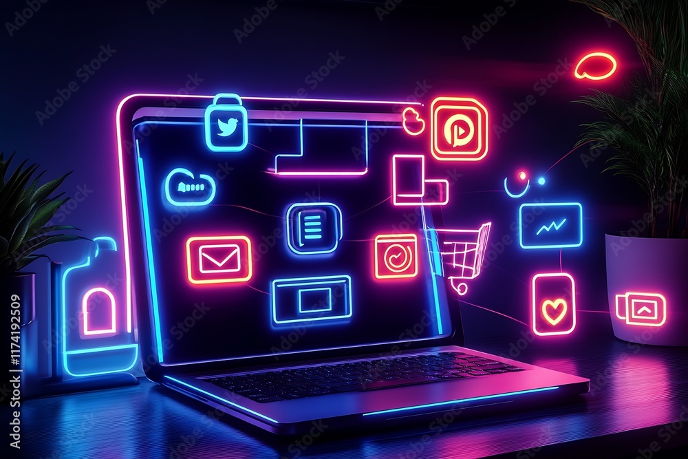 Fototapeta premium Dynamic Neon Icons on Laptop Screen Representing Social Media and Digital Communication : Generative AI