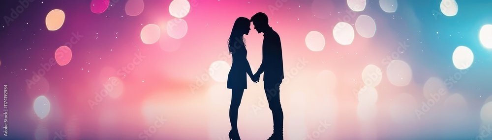 Romantic Silhouette of Couple Holding Hands Against a Soft Colorful Bokeh Background at Sunset Romantic Silhouette of Couple Holding Hands Against a Soft Colorful Bokeh Background at Sunset
