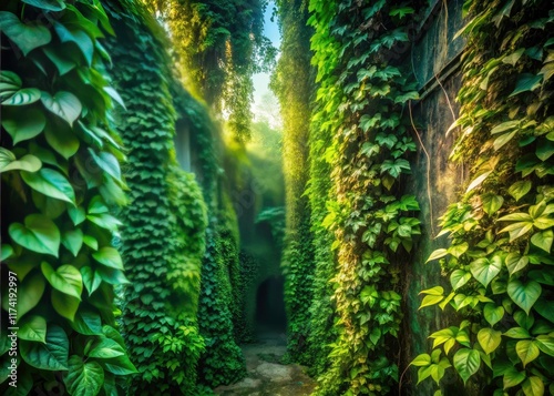 Surreal fantasy nature: climbing vines engulf a vibrant green wall in a dreamlike botanical explosion. photo