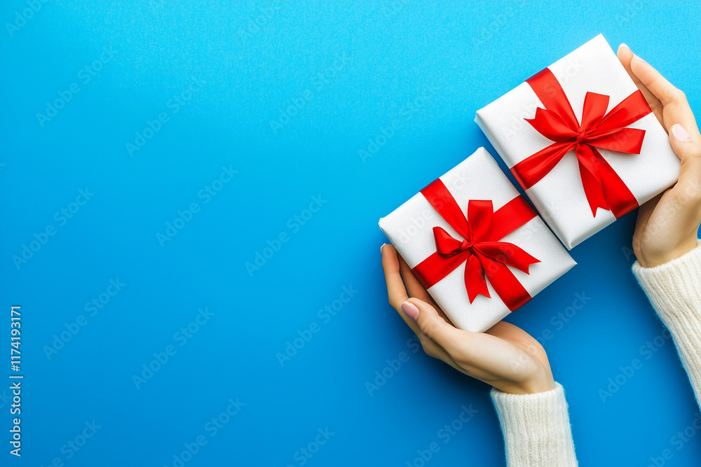 Fototapeta premium Hands holding gift wrapped with ribbon isolated on a color background