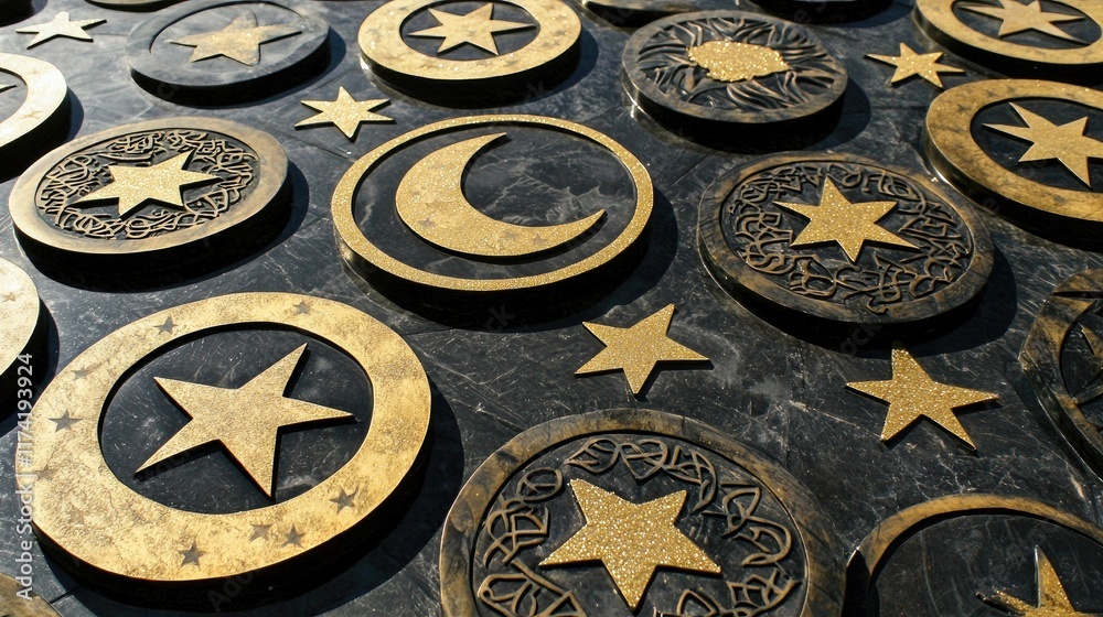A decorative surface featuring golden crescent moons and stars, symbolizing cultural motifs. A decorative surface featuring golden crescent moons and stars, symbolizing cultural motifs.