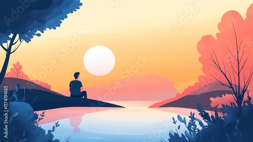 Contemplative Man Silhouetted at Sunset Lakeside