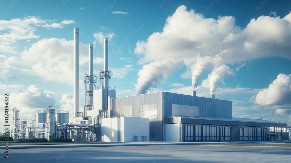 A white factory building with smokestacks, set against the backdrop of a blue sky and clouds A white factory building with smokestacks, set against the backdrop of a blue sky and clouds