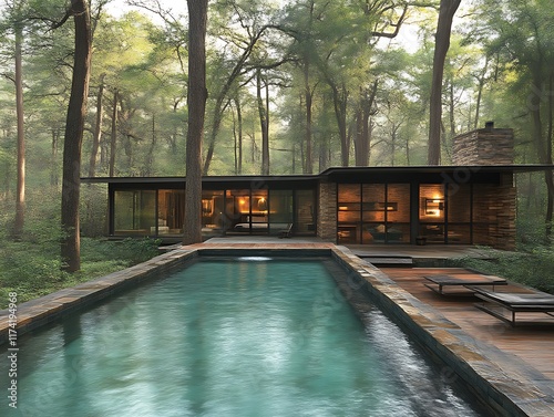 Serene Forest Home: Modern Architecture, Tranquil Pool, and Natural Setting photo