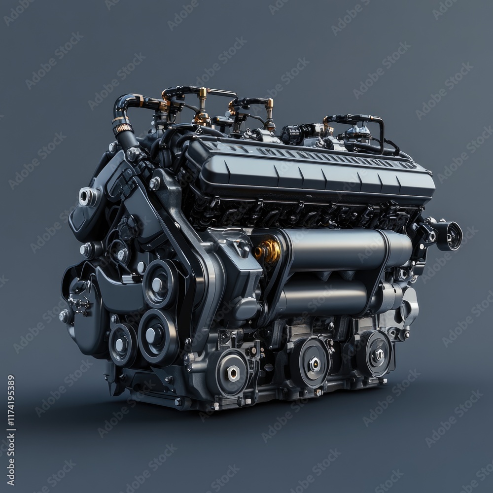 Powerful, black engine with intricate details, showcasing automotive engineering excellence. Powerful, black engine with intricate details, showcasing automotive engineering excellence.