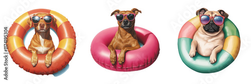 Floating dogs in colorful inflatable rings wearing sunglasses enjoy summer fun
