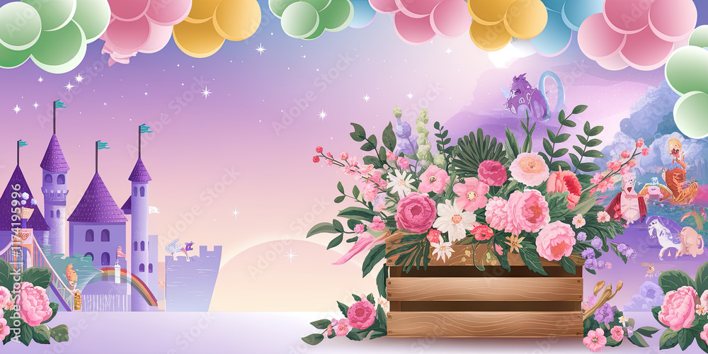 Fototapeta premium Enchanting Fairytale Castle Scene with Colorful Flowers in Wooden Crate