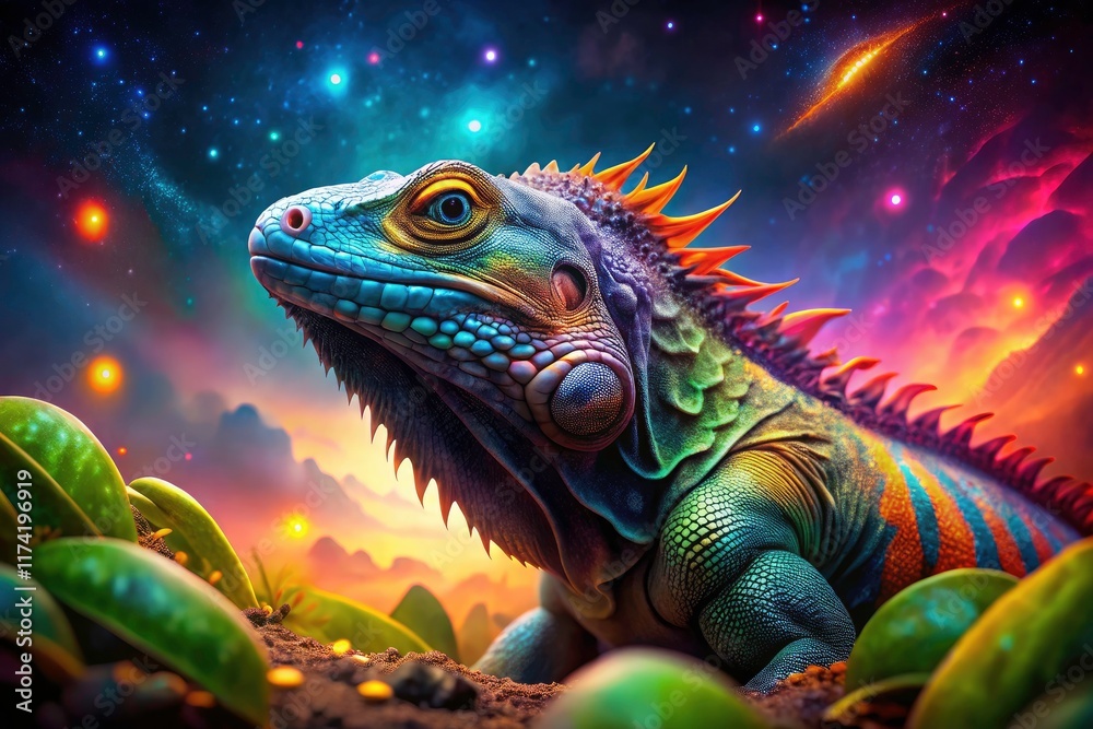 Obraz premium Vivid lizard fantasy: surreal iguana photography captures psychedelic reptile dreams.