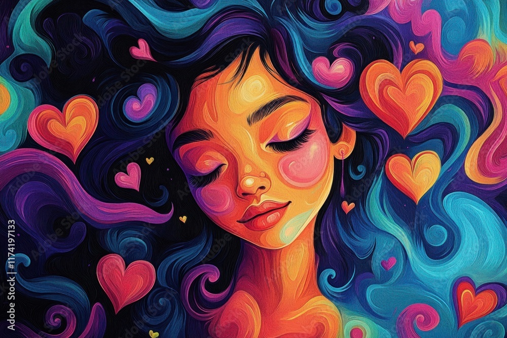 Colorful Abstract Illustration of Mother and Child with Swirling Hair and Floating Hearts Colorful Abstract Illustration of Mother and Child with Swirling Hair and Floating Hearts