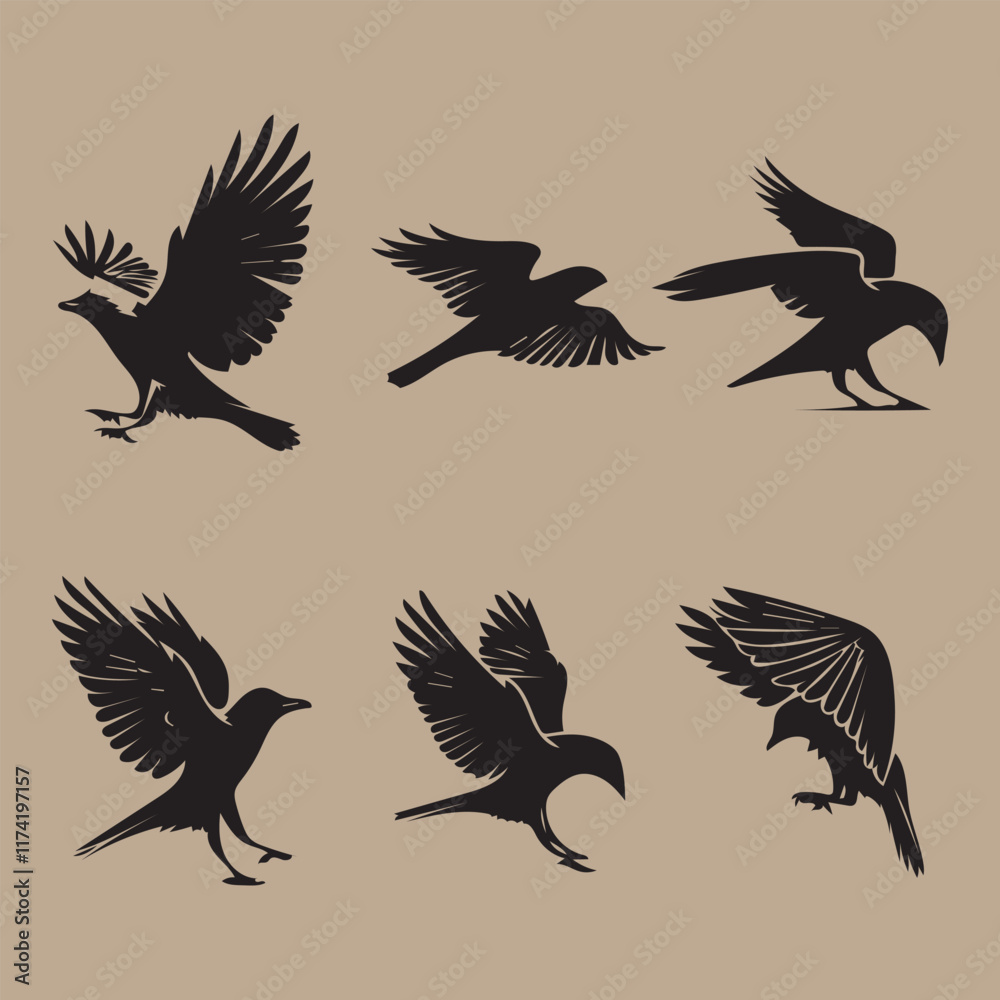 Fototapeta premium A black silhouette crow bird set crow, raven silhouette. Isolated Background Vector silhouette ravens birds outline sxa