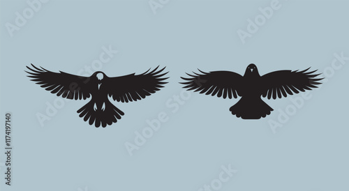 A black silhouette crow bird set crow, raven silhouette. Isolated Background Vector silhouette ravens birds outline sxa