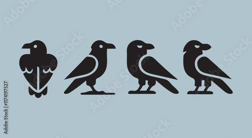 A black silhouette crow bird set crow, raven silhouette. Isolated Background Vector silhouette ravens birds outline sxa