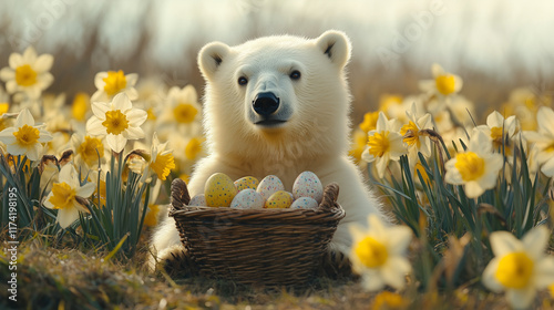 Polar bear playing with easter eggs