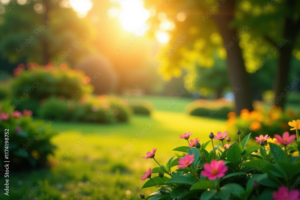 Obraz premium Focused lens with blurred garden trees and sunny day background, landscape, garden, bokeh