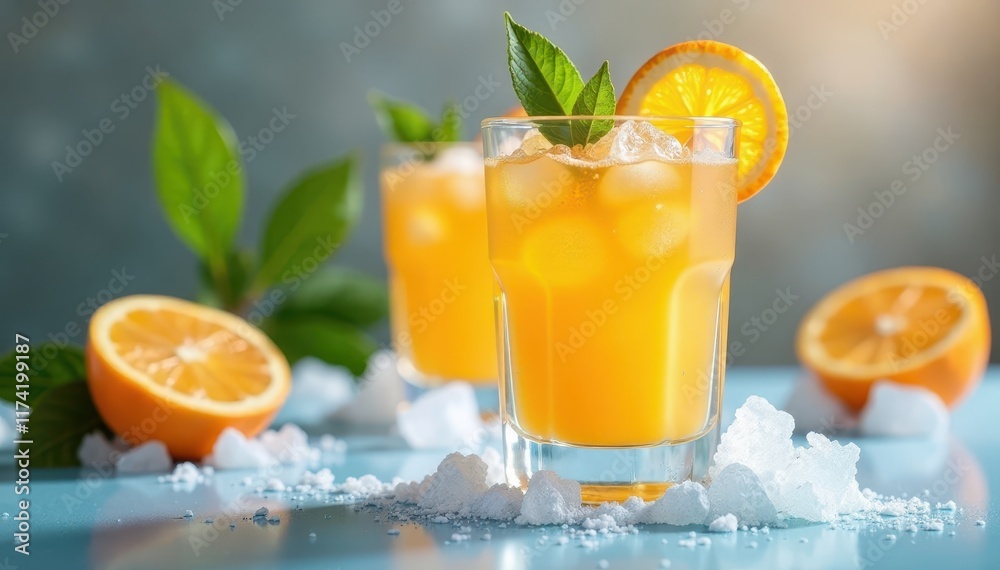 Fototapeta premium Glass of cold orange juice on icy block with frozen orange inside, background, citrus, frozen fruit