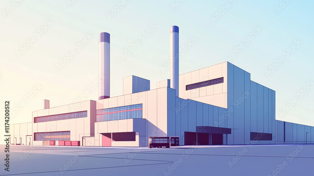 A flat illustration of an industrial building with large white walls and smokestacks, surrounded by other buildings A flat illustration of an industrial building with large white walls and smokestacks, surrounded by other buildings