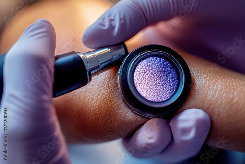 Close up of doctor examining skin with dermatoscope in dermatology clinic