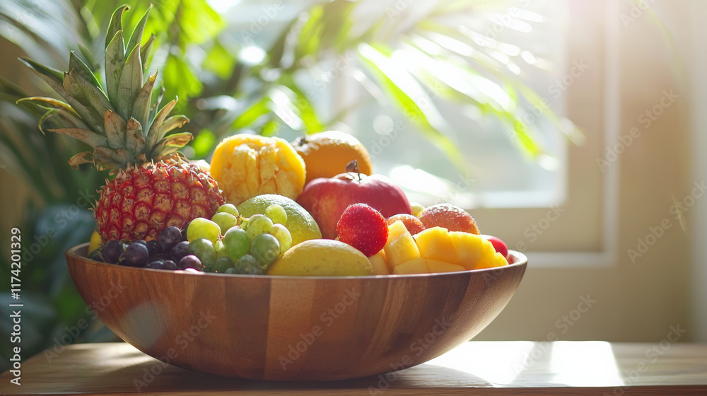 Fresh fruits and vegetables in wooden bowl, vibrant and colorful display Fresh fruits and vegetables in wooden bowl, vibrant and colorful display