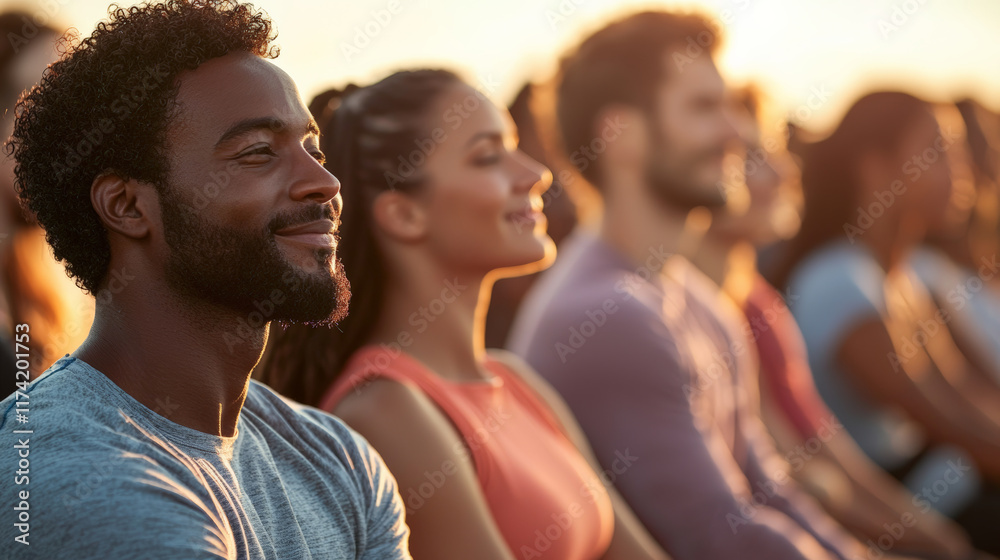 Obraz premium Diverse group of people enjoying fitness class outdoors at sunset
