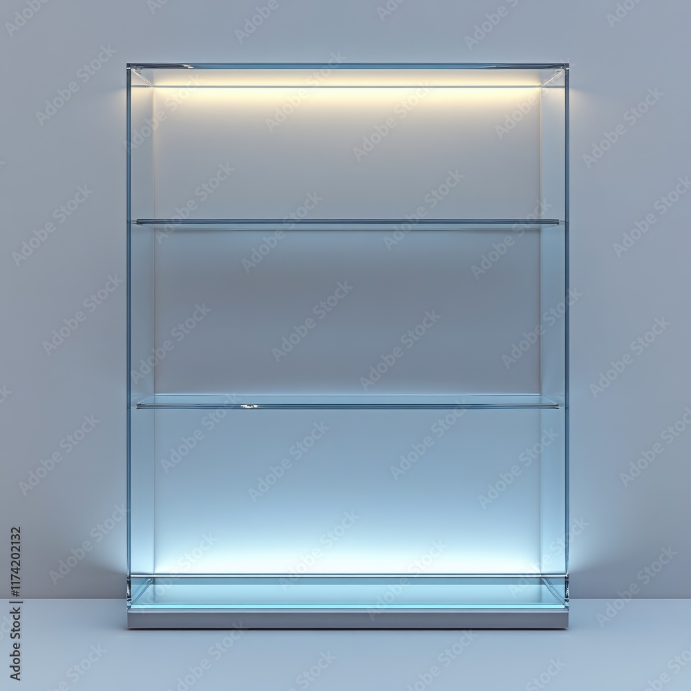 Empty glass display case with three shelves and illuminated base, ready for products. Empty glass display case with three shelves and illuminated base, ready for products.