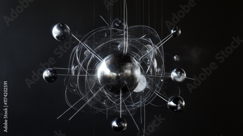 Abstract Atomic Structure, Dark Background, Orbits, Silver, Spheres, Modern Art