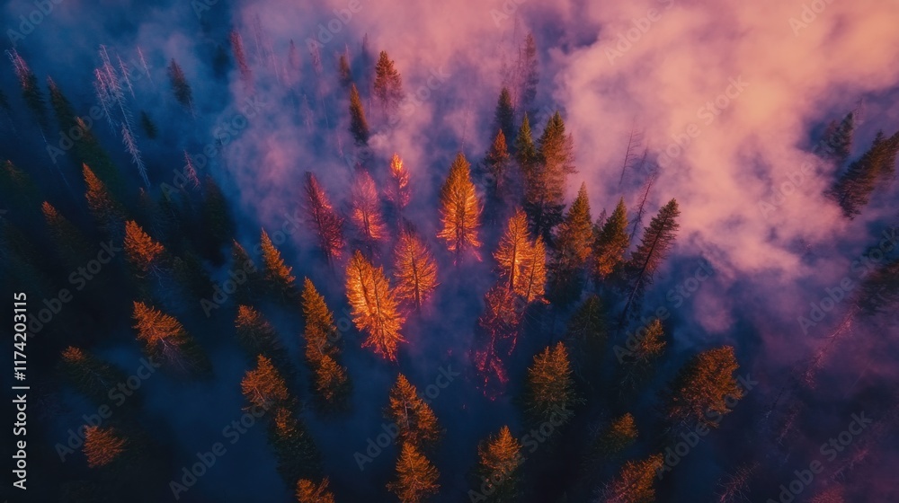 Naklejka premium Charred Forest Area with Vibrant Smoke and Color Scheme