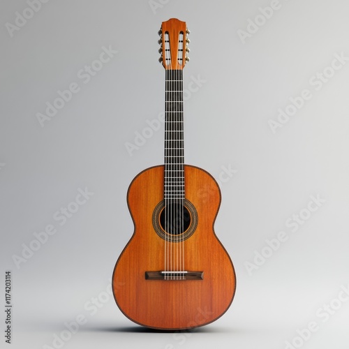 A classic acoustic guitar, wooden body, six strings,  on a light grey background.