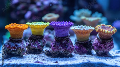 Colorful coral formations in an aquarium setting, showcasing marine biodiversity. photo