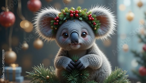 Adorable Koala Wearing Christmas Wreath, Festive Holiday Cheer, Cute Animal in Winter Wonderland Setting, Perfect for Christmas Cards and Festive Decorations, Digital Art