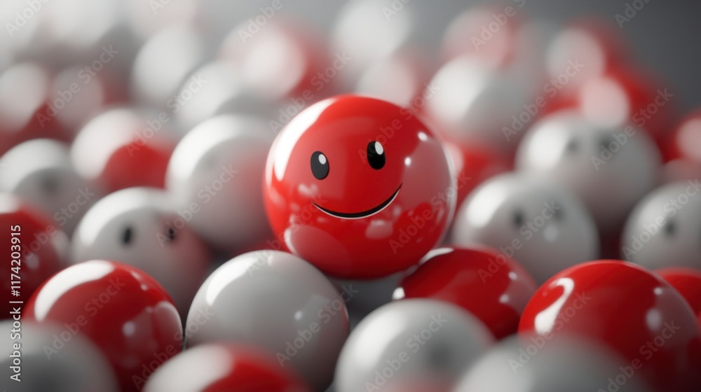 Happy Red Smiley Ball Among White Balls Happy Red Smiley Ball Among White Balls
