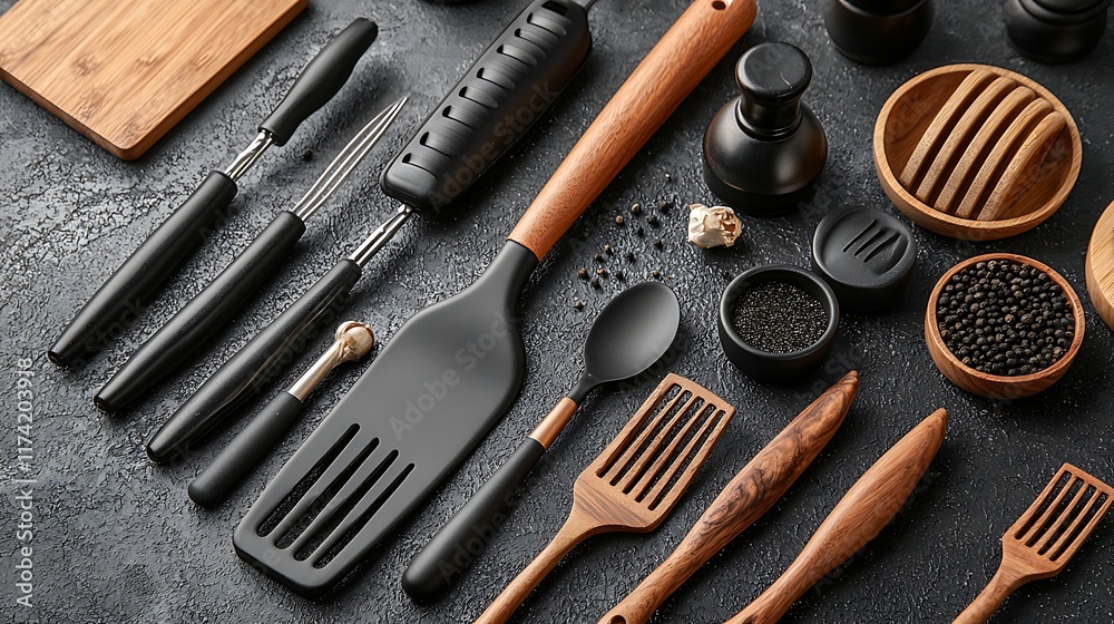 Fototapeta premium Assorted kitchen utensils, dark color, wooden handles, flatlay style. Possible use Stock photo