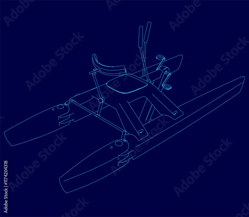 Blue drawing of a boat with a seat and a steering wheel. The boat is designed to be used on water