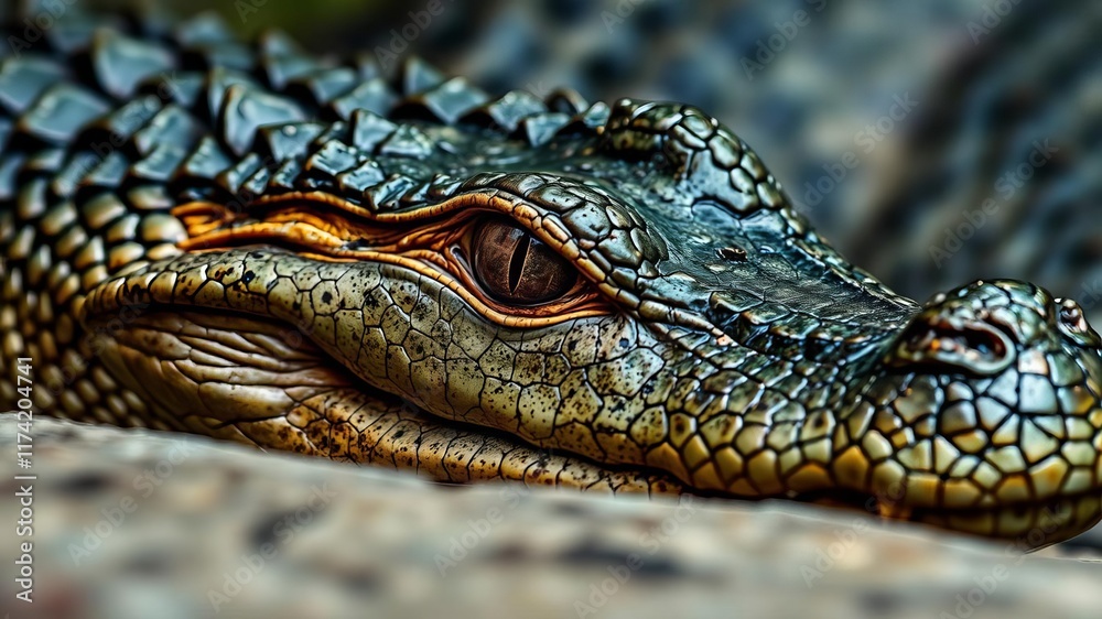 Obraz premium Sharp, menacing crocodile eye with scales and vibrant colors, aggressive, scales