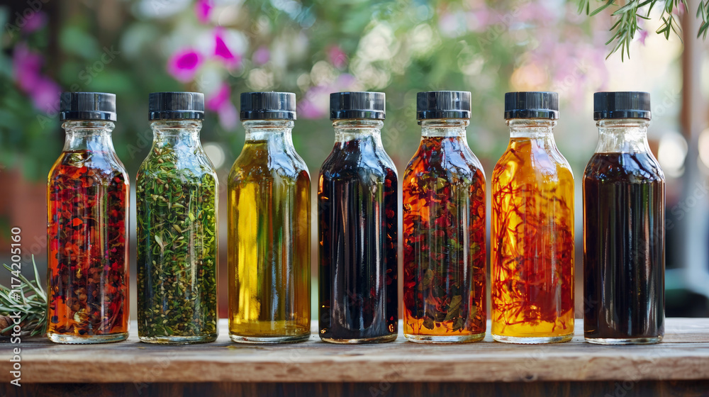 Variety of cooking oils in bottles, showcasing vibrant colors and flavors Variety of cooking oils in bottles, showcasing vibrant colors and flavors