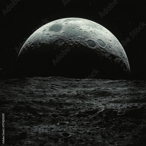 A breathtaking view of the moon's surface, craters and texture, set against a starlit sky.