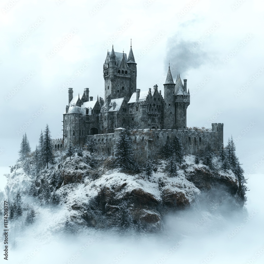 Fototapeta premium A majestic stone castle sits atop a snow-covered mountain peak shrouded in mist, exuding an air of mystery and ancient power.