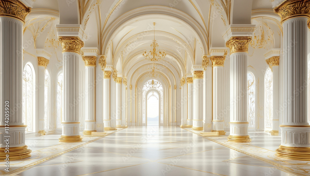 Obraz premium Grand palace hall with white columns and gold accents.