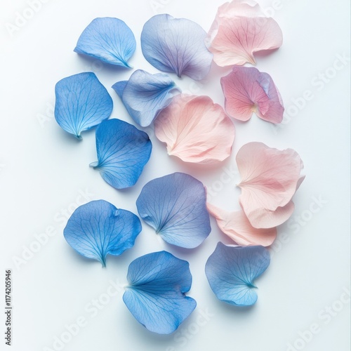 Delicate pastel blue and pink flower petals arranged on a white background.
